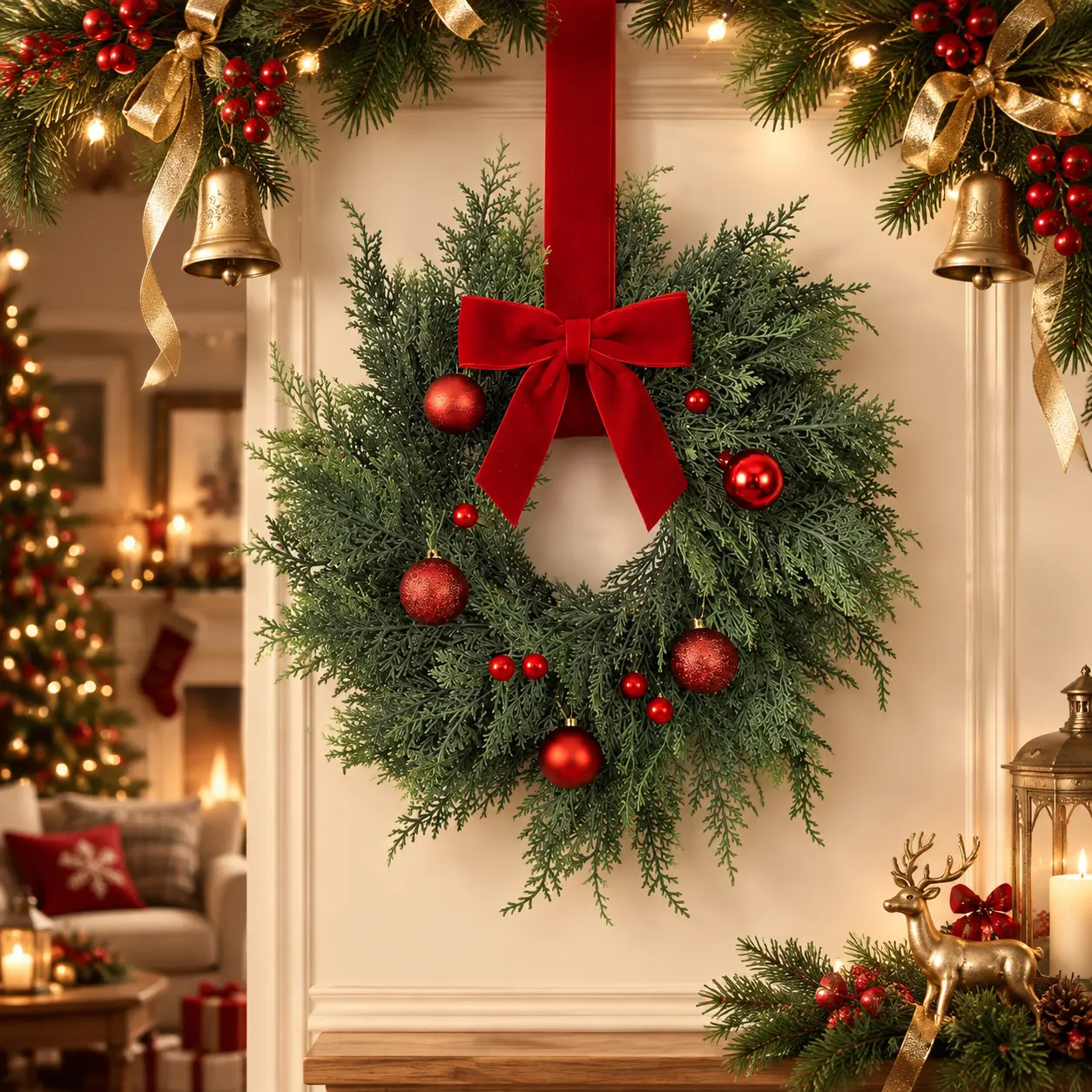 10 in Round Faux Cedar Christmas Wreath with Velvet Bow, 27.6 x 10 inches Mini Hanging Decoration for Farmhouse Kitchen Cabinet Doors, Home Festive Decor Supplies