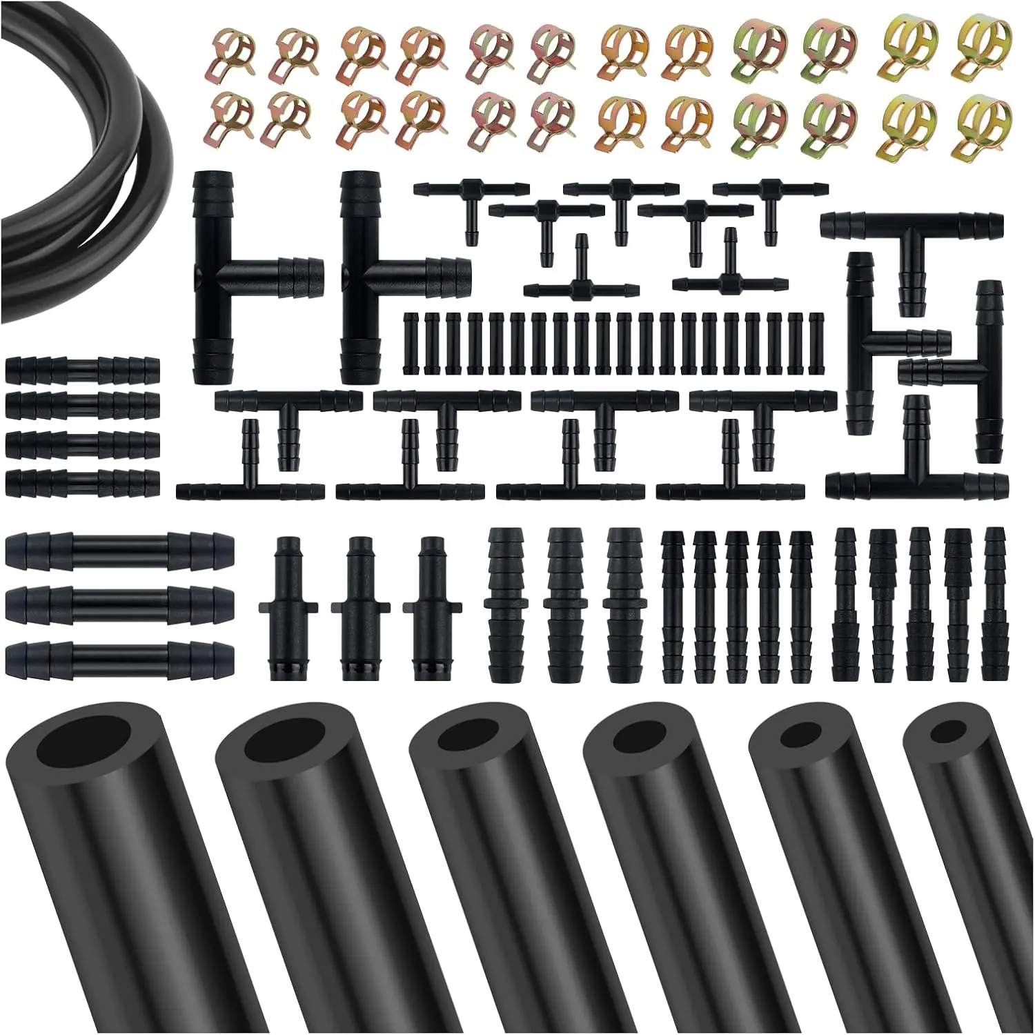 94PCS 5Ft Vacuum Hose Automotive Set,6 Sizes 3/8",5/16",1/4",3/16",5/32",1/8" Silicone Vacuum Lines Kit with 64 Connectors  24 Clamps,High Temp Resistant Vacuums Hose Kit (94PCS)