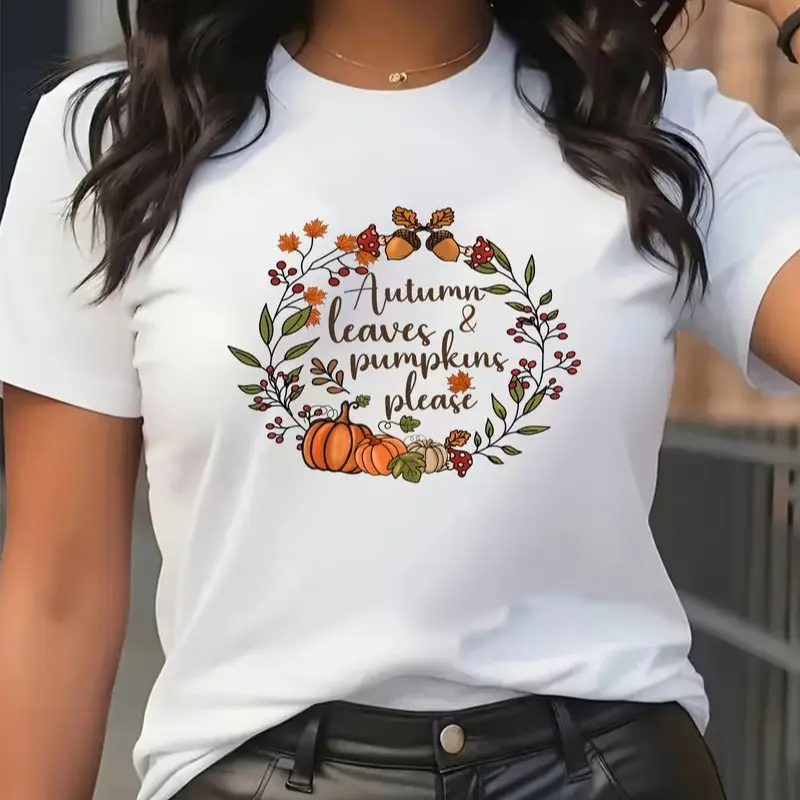 Autumn Leaves & Pumpkins Please Graphic T Shirt Fall Wreath Mushroom Acorn Harvest Casual Women Crewneck Short Sleeve Tee