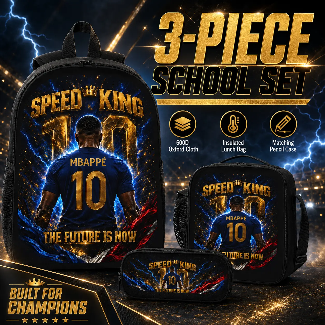 Speed King 10 Mbappé Soccer Graphic Print Men's Fashion Accessory Set, Gold Electric Blue Football Legend Streetwear Utility Daypack Combo, Sports Fan Travel Shoulder Bag, Athletic Casual Matching Piece Pack Gift