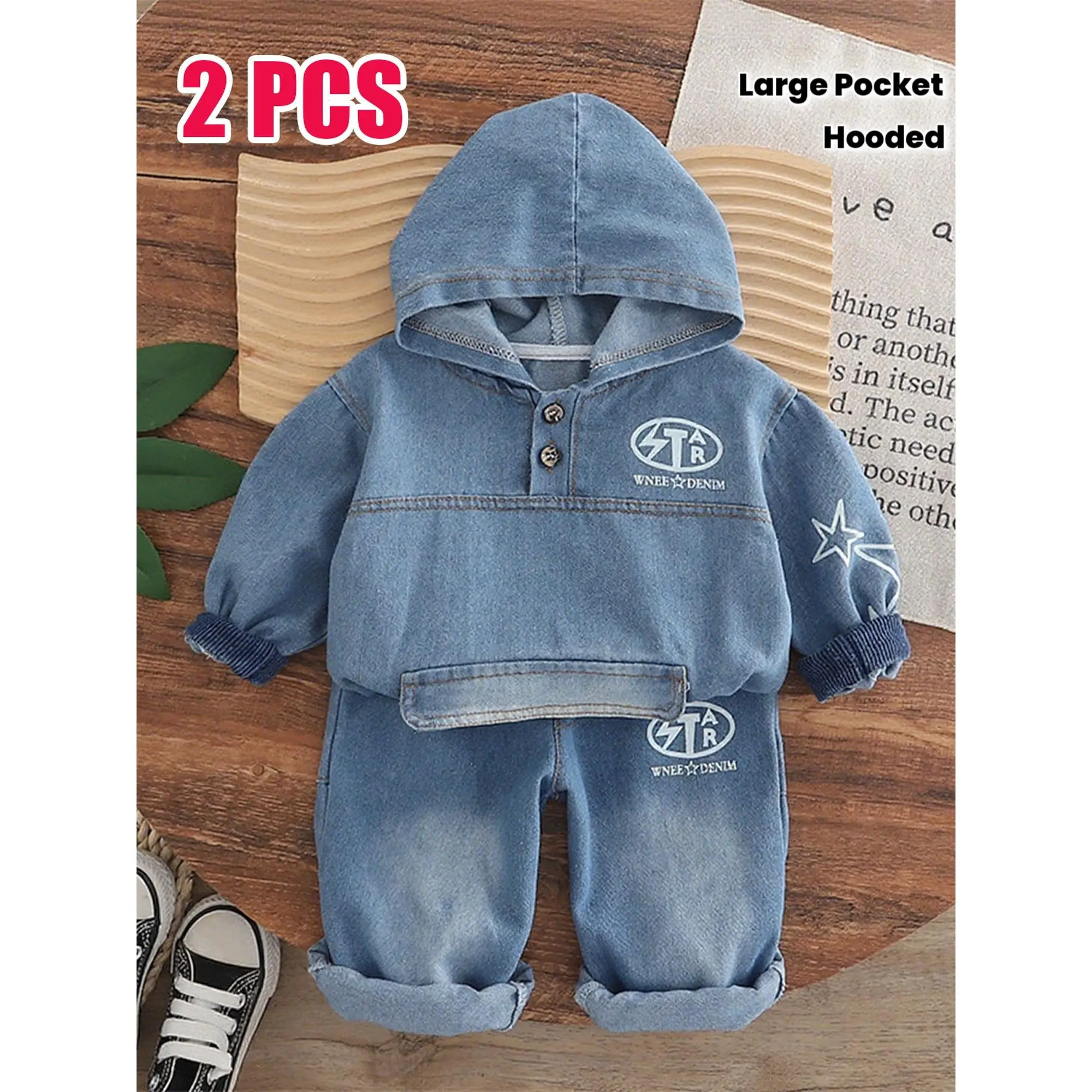 Kids' 2-Piece Western Outfit, Cowgirl Letter Print Long Sleeve Hoodie with Pocket and Pants Set for Birthday Party, Polyester Clothes, Denim Look, All Season