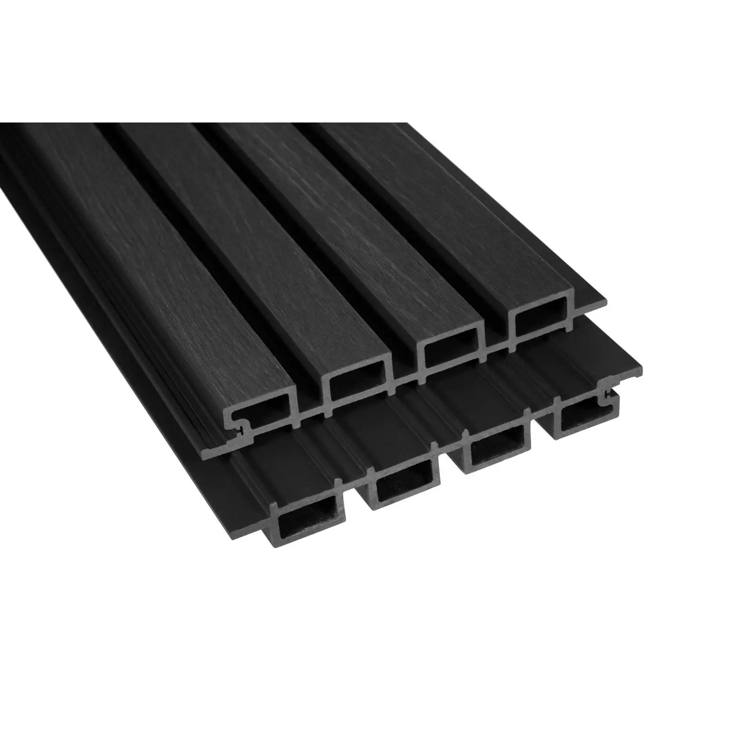Charcoal Slate Composite Slat Wall Panels, Embossed Wood Grain Exterior Siding with Black Accent Finish