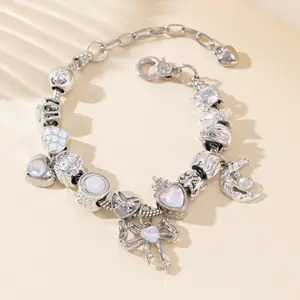 Fashion Beaded Bracelet with Cat Eye Stone Bow Crown & Love Charm Rhinestone Jewelry Gift for Women