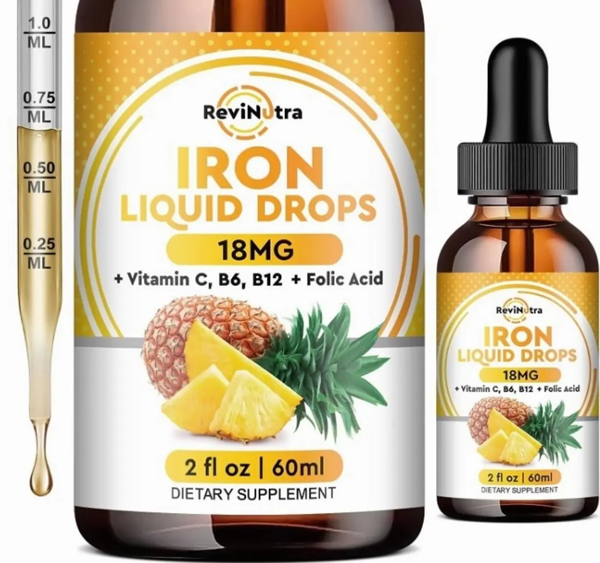 Liquid Iron Supplement for Women, Men & Kids, Liquid Iron Drops with Folate, Vitamin C, B6, B12 for Anemia, Red Blood Cell, Energy Support, Pineapple Flavor, 2 Fl Oz