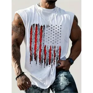 Flag Print Comfy Breathable Tank Top, Men's Casual Stretch Sleeveless T-shirt For Summer Gym Workout Training Basketball Fabric Menswear Polyester Socks