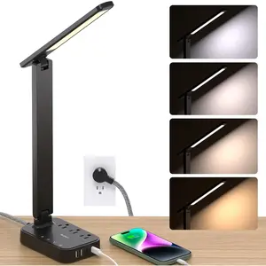 LED Desk Lamp, Power Strip with 3 Outlets 4 USB Charging Ports(2 USBC), 4 Modes 5 Level Brightness Touch Lamp, Small Desk Lamp for Home Office College Dorm Room Essentials