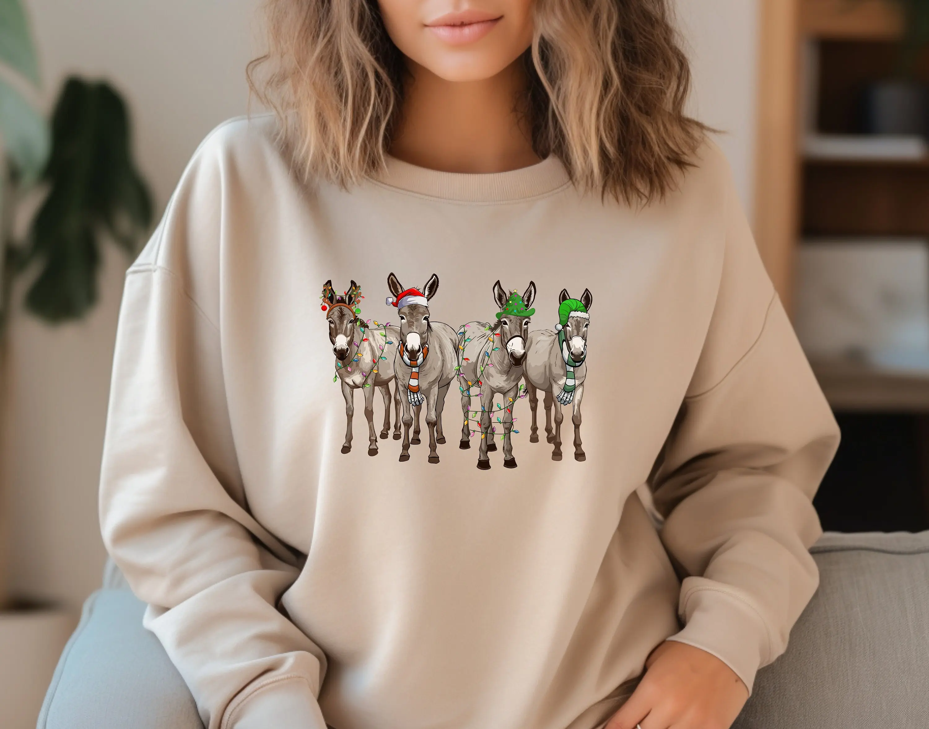 Christmas Donkey Sweatshirt, Farm Christmas Donkey, Christmas Lights Shirt, Donkey Lover Gift, Christmas Season Shirt, Unisex Christmas Sweatshirt, Gifts For Family Lovers, Long Sleeve Crewneck Shirt, Christmas Gift, Gifts For Secret Santa