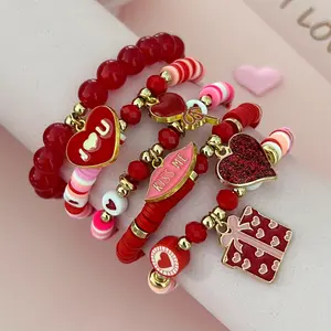 5PCS Valentine's Day Love Token Bracelets - Soft Clay Bead & Heart Charm, Elastic Metal-Free Couple Style, Everyday & Year-Round Wear
