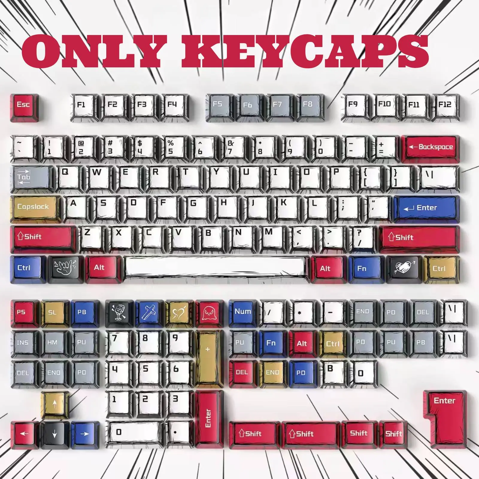 Aula Mechanical Full Size Comix style Only Keycaps, PBT Keycaps 130 Keys Set Custom Key Caps Set OEM Profile, Universal Compatiability For 61/68/84/87/98/100  Typing Gaming Mechanical Manga Keycaps-Only Keycap