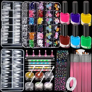FANDAMEI Nail Art Kit, 54 Pcs Nail Tool Set with 6-Color Nail Polish, 20 PCS Nail Art Brushes, 2 Box False Nail Tips, 6 Jar Chrome Nail Powder, 4 Box Nail Charms, 10 Sheet Nail Stickers for Beginners
