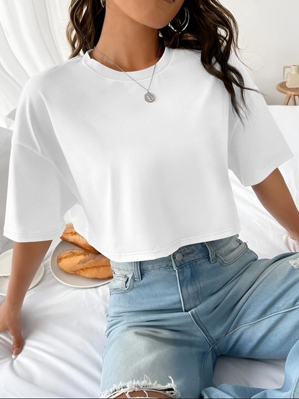 Women's Plain Ribbed Curved Hem Crop Tee, Casual Half Sleeve Round Neck T-shirt for Summer, Ladies Clothes for Daily Wear