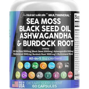 Nutraceuticals Sea Moss 3000mg Black Seed Oil 2000mg Ashwagandha 1000mg Turmeric 1000mg Bladderwrack 1000mg Burdock 1000mg & Vitamin C & D3 with Elderberry Manuka Dandelion Yellow Dock Iodine Chlorophyll ACV