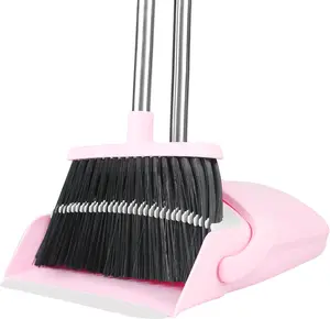 Pink Broom and Dustpan Set, 52-in Handle Broom Dustpan Combo Set Household Hand Broom with Dustpan Teeth to Clean Hair for Home Kitchen Office Lobby Sweeping Indoor（Pink）