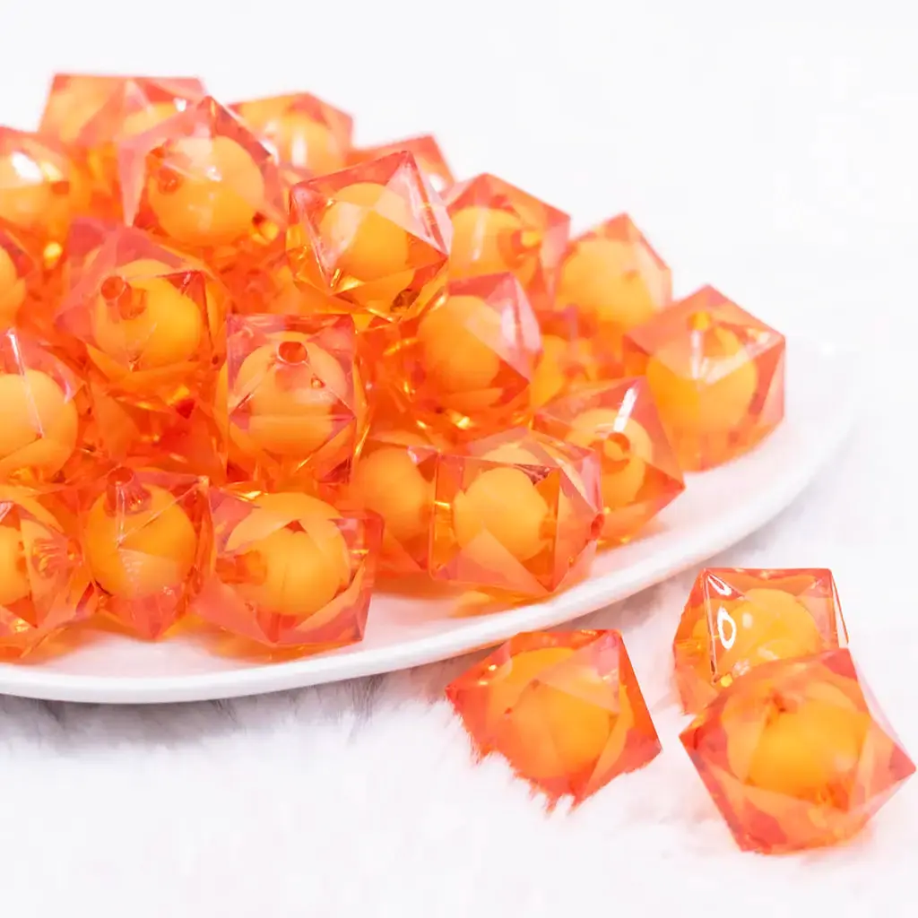 20mm Orange Transparent Cube with Middle Bubblegum Beads