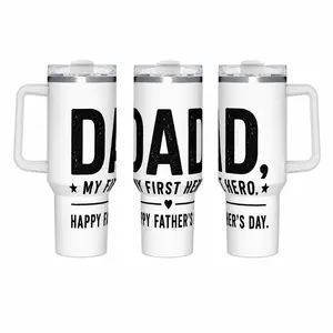 40oz Insulated Stainless Steel Tumbler with Handle - Portable Coffee Bottle, Dad "My First Hero" Distressed Bold Print, 12H Cold 6H Hot Leakproof Straw Cup for Father’s Day Gift