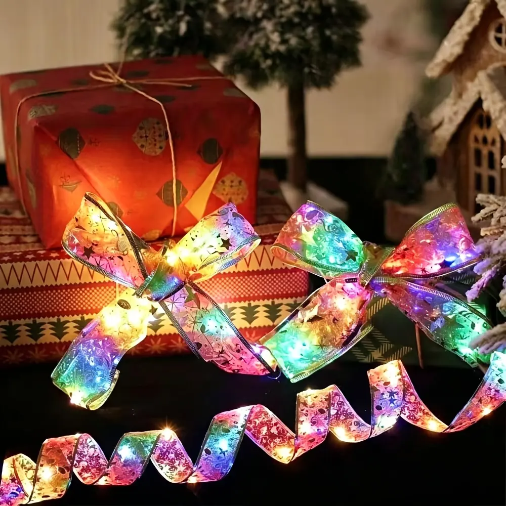 1 strand 9.84 ft/30 LED Christmas decorative ribbon lights, battery-powered string lights, ribbon bow lights, suitable for home decor, Christmas tree decoration, weddings, wall decoration, party decoration lights (batteries not included)