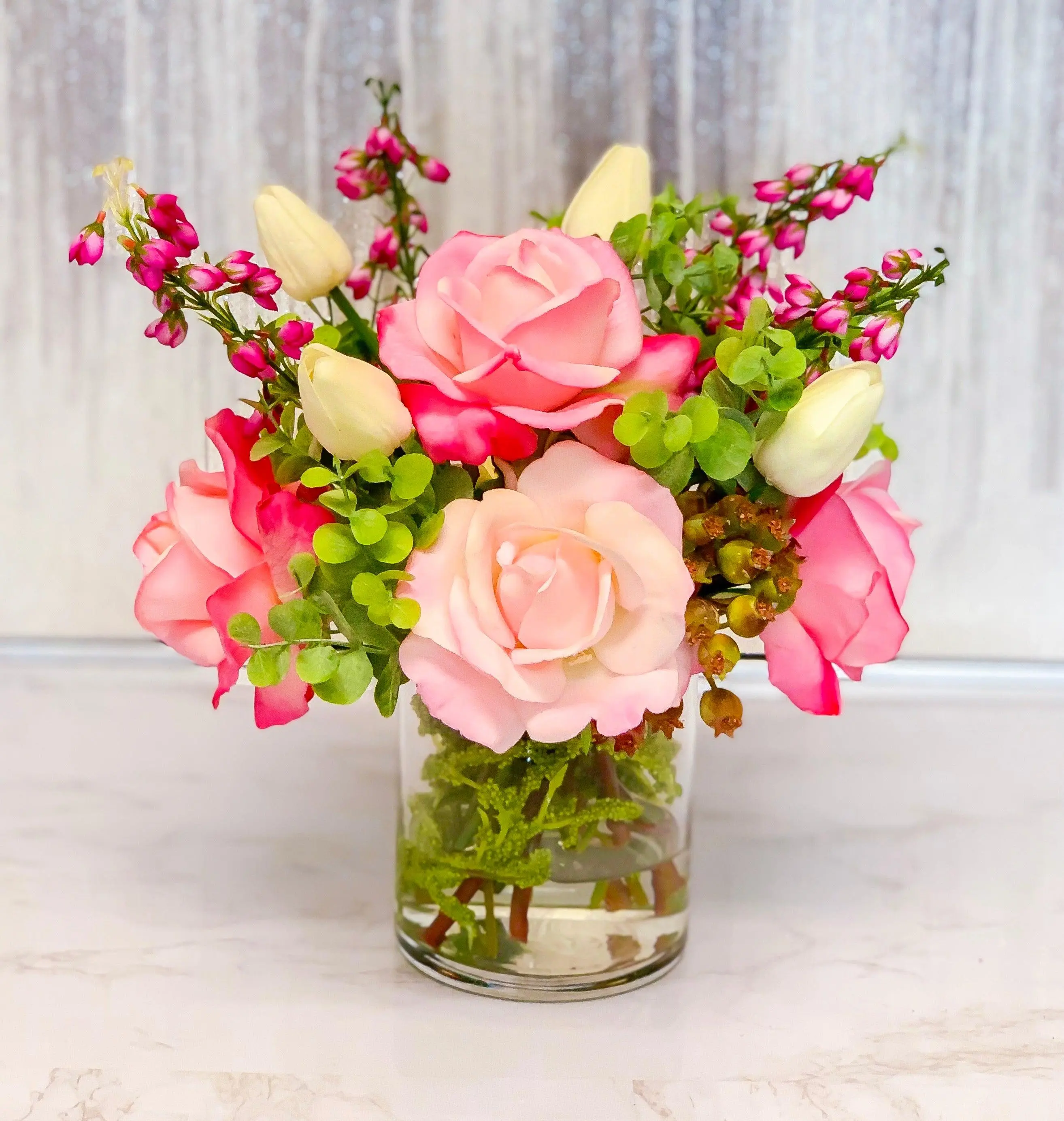 Real Touch Pink Roses Centerpiece