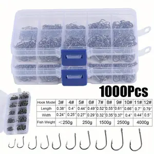 1000 Pcs Sharpened Fishing Hooks, 10 Sizes Black & Silver Fishing Equipment, Quality Kit with Storage Box