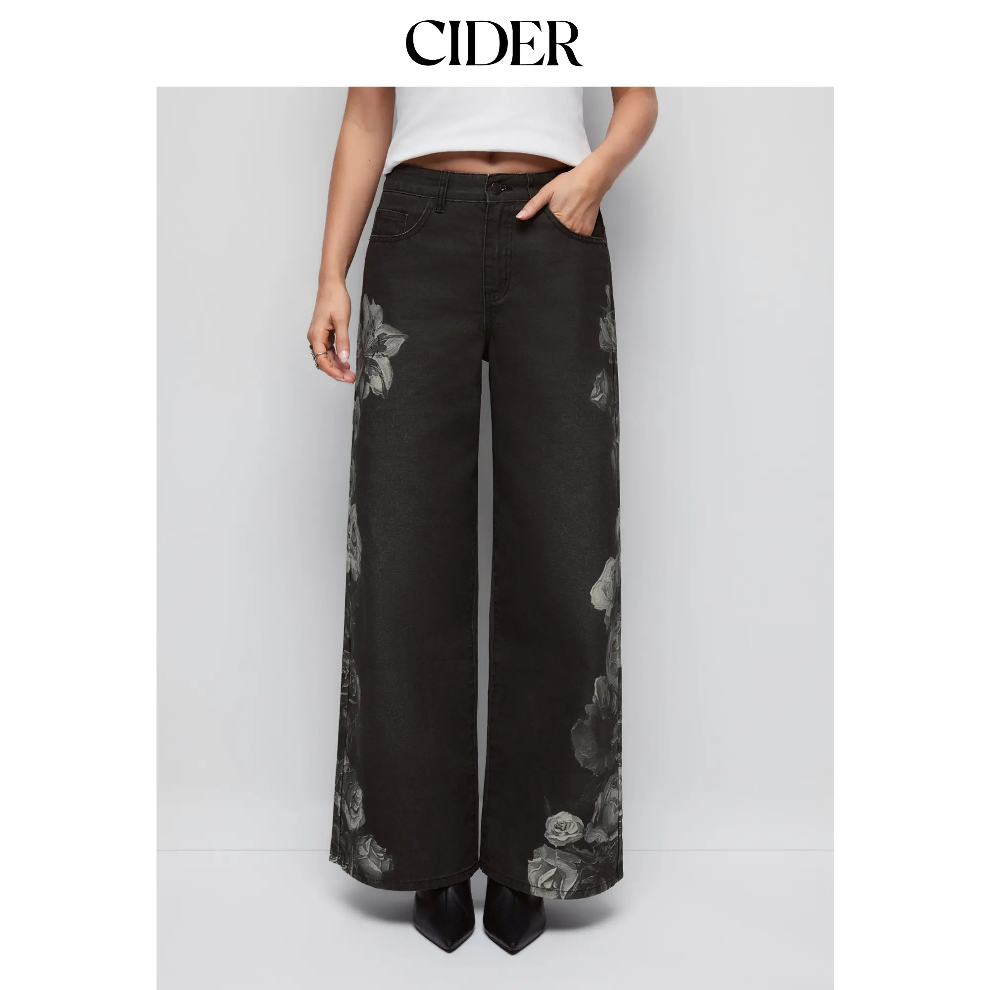 Cider Denim Mid Rise Floral Appliques Metal Detail Wide Leg Jeans