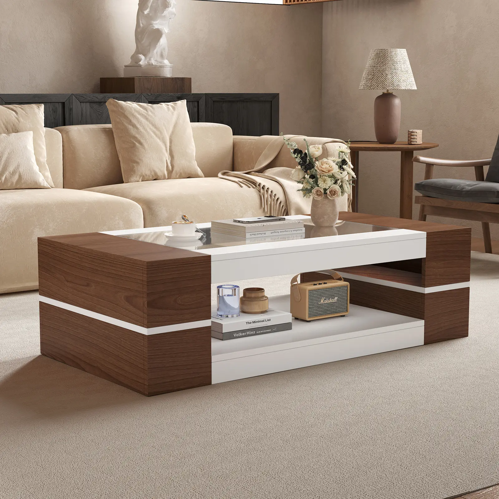 HedoAjim Walnut Tempered Glass Extendable Coffee Table - Stable Load-Bearing, Scratch-Proof, Easy-to-Clean Indoor Living Room Table, Extendable Table