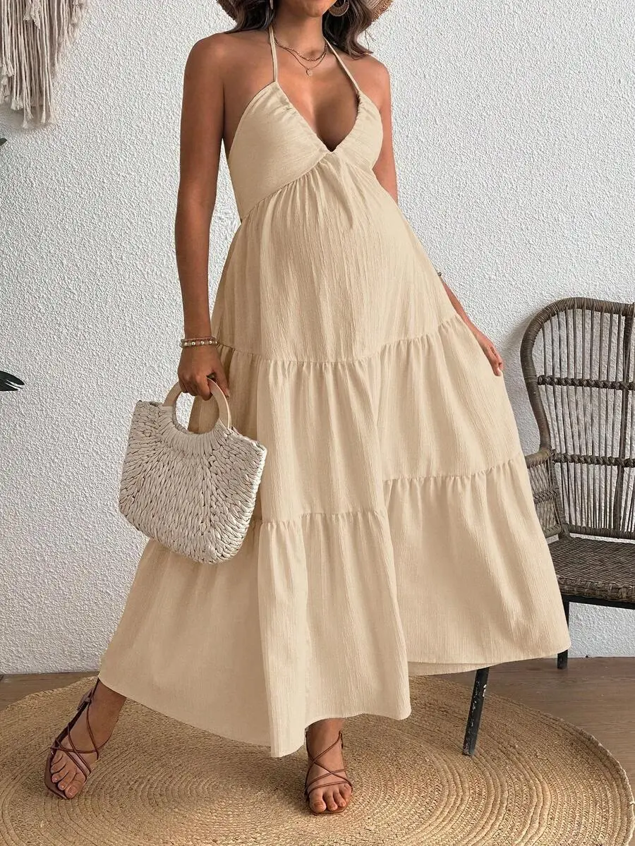 LAFERLIN Maternity Pregnant Women's Boho Maternity Backless Halter Neck Tiered Hem Dress, Summer Holiday Beachwear Photoshoot Outfits, Solid Color Vacation Style Pink
