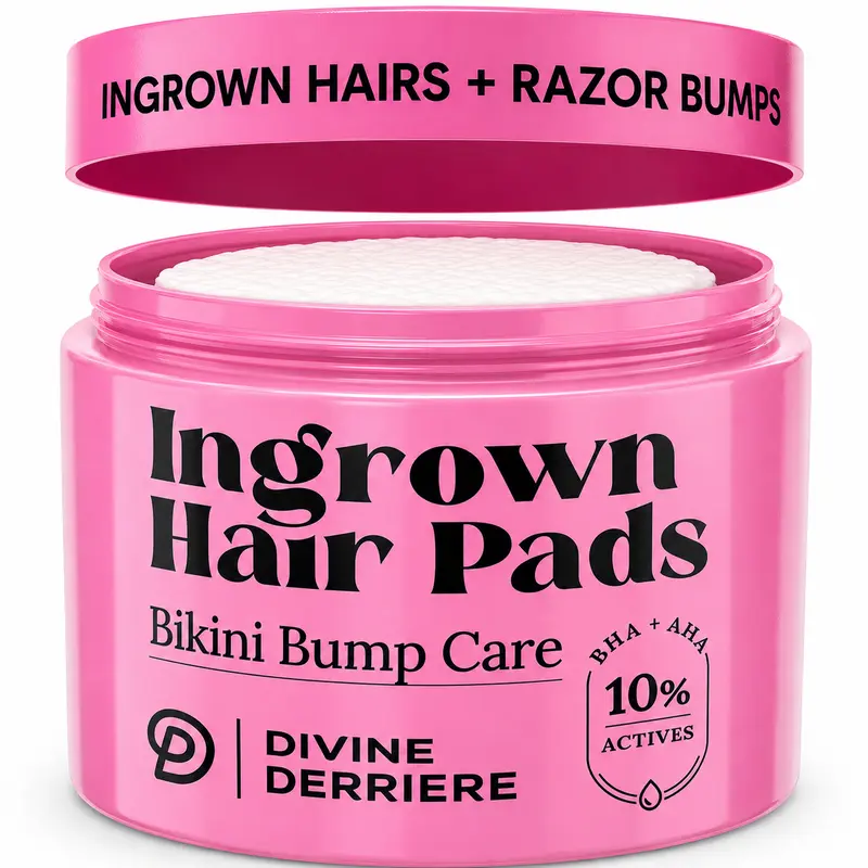 Divine Derriere BEST Ingrown Hair Pads with BHA + AHA - Ingrown Hair Solution & Bikini Bump Eliminator, Exfoliate to Tend Skin Post Hair Removal, Shaving & Waxing for PFB Razor Bumps, Razor Burns - Ingrown Serum Body Care, Bikini Bump Care
