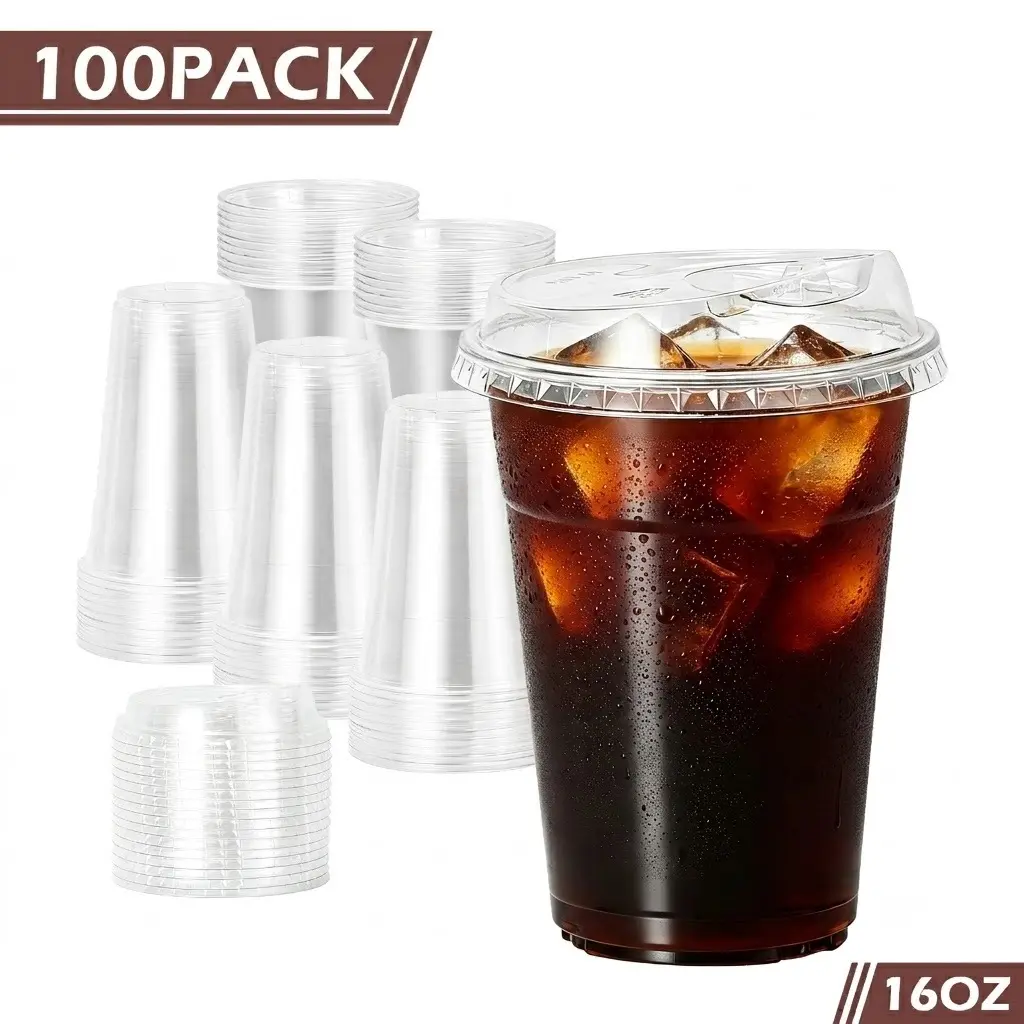 100-Pack Strawless Sip Lid Clear Plastic Cups, 16/20/24oz BPA-Free Recyclable PET Disposable Tumblers, Leak-Proof To-Go Cups for Iced Coffee, Parties & Cafes