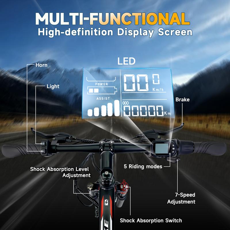 26 Inch Electric Bike, Peak 1500W Motor E-Bike, 28MPH Top Speed, 50-mile range Commuter-style Electric Bicycle, 576Wh battery, 7-speed shifting Front suspension Electric Mountain Bike