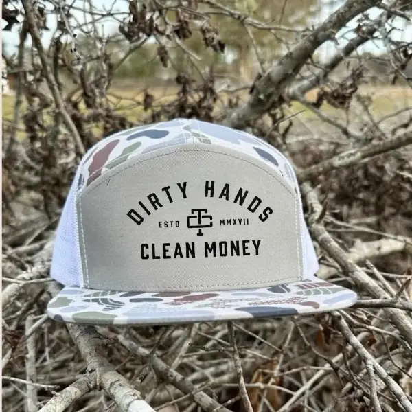 Dirty Hands Clean Money Trucker Hat | 7 Panel Camo Mesh Snapback,  Outdoor Gift , Gift for Him