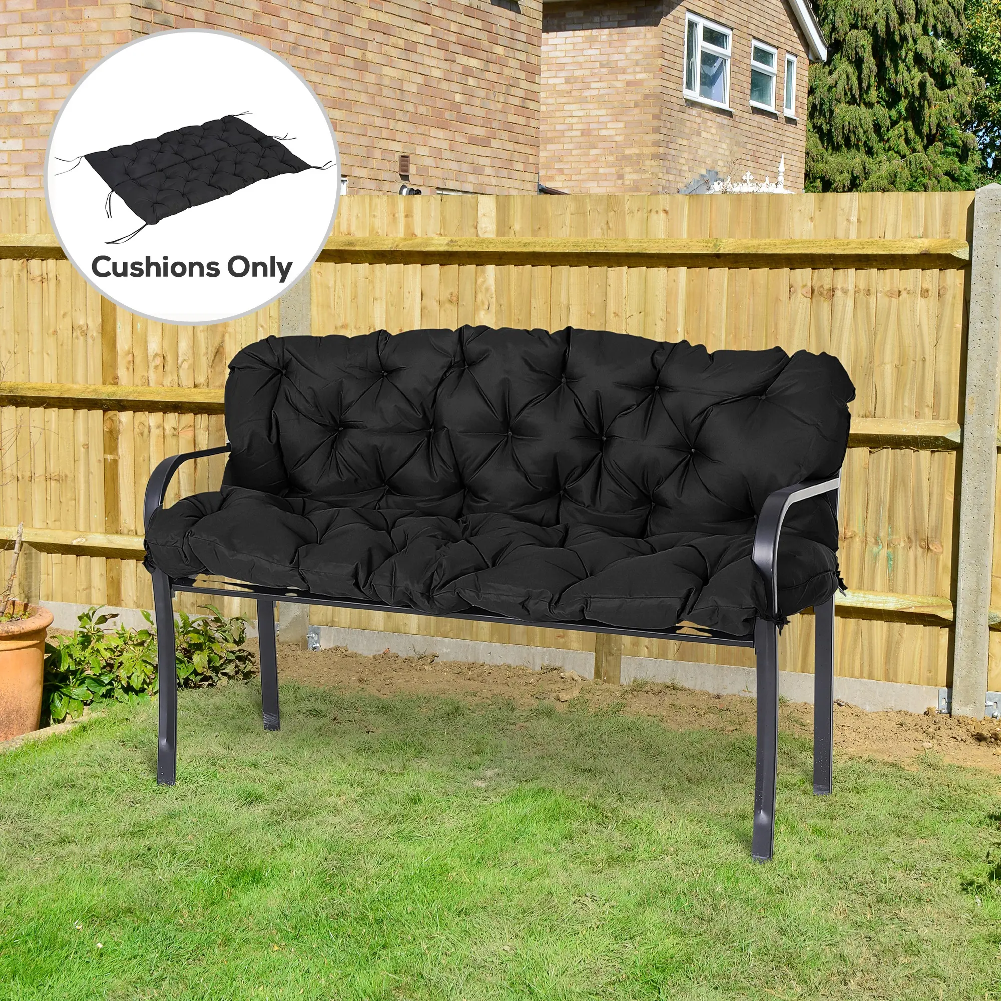 Thick soft cotton filled black tufted bench cushion features tufted design with six fixed ties suitable for outdoor benches and swings in courtyards and porches