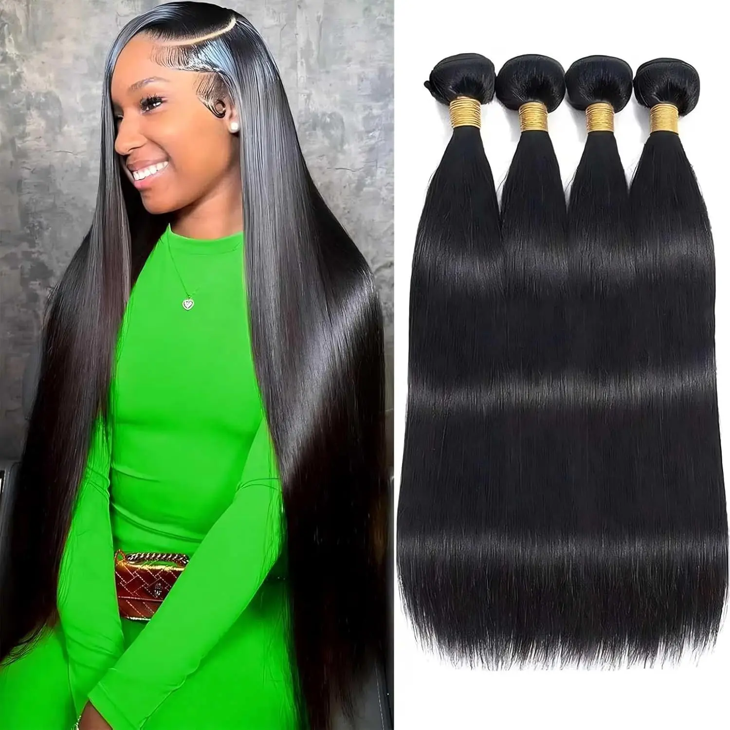 Black Straight Human Hair Bundles, Silky Smooth Double Weft Extensions with Full Ends, Bundle Package for Women
