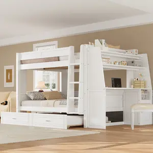 Full Over Full Bunk Bed with Desk & Trundle, Wooden Bunkbed w/Bookshelves and Storage Drawers, Stairs, Full-Length Guardrail, Bedroom Furniture for Student Dorms, White