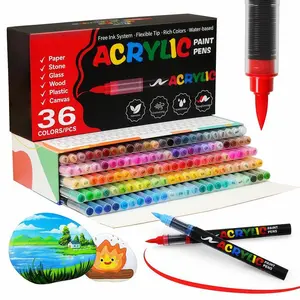 36 Color Acrylic Marker, Graffiti Pen Painting Set, Brush Tip Marker Pen Set-DIY & Art Supplies for Rock Painting-Ceramic, Wood, Canvas, Glass, Stone, Fabric, Card Making, Waterproof and Quick Drying, Stronger Coverage acrylic paint marker ston graffiti a
