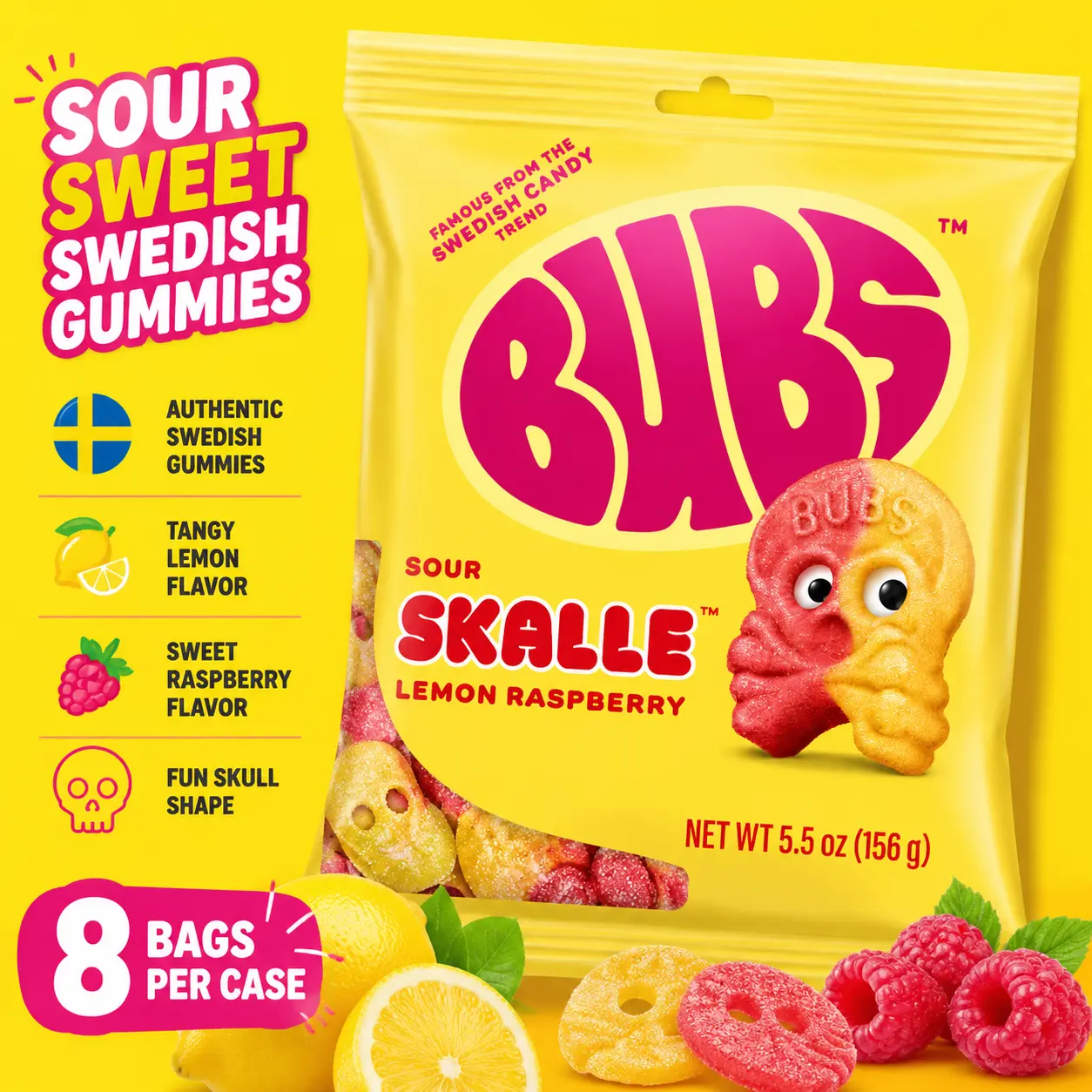 BUBS Sour Skalle Skull Lemon Raspberry Swedish Gummies 5.5 oz 8 Count  Sweet & Sour Gummy Candy | Swedish Candy Favorite