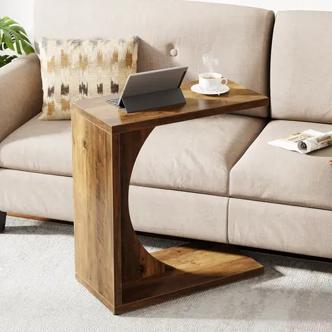 LITTLE TREE C-Shaped End Table, C Table for Sofa, Small Over Couch Tray, Side Table for Living Room, Bedroom, Rustic Brown (Only 1 PC)