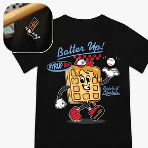 2 Sided Youth T-Shirt Batter Up Baseball Graphic Tee, Funny Waffle Baseball Cartoon Shirt, Baseball Fan Game Day Outfit