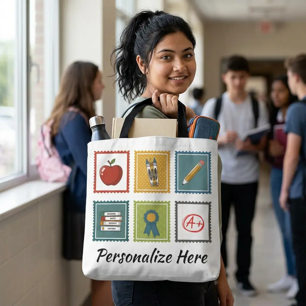 Personalized Teacher Tote Bag - Custom Name Classroom Stamp Tote - Apple Pencil A+ School Bag - Back to School Teacher Gift