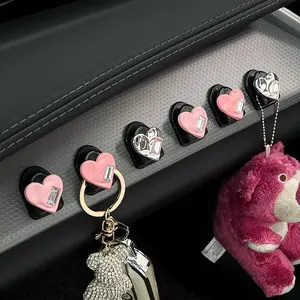 Dopamine Pink Silver Heart Car Hooks Cute Multi Function Adhesive Seat Back Hook Auto Organizer for Bags Keys Air Freshener Keychain Cute Car Interior Decoration Practical Car Accessories for Women