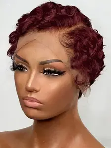 13X4 frontal lace pixie cut human hair wig finger wave human hair wig short curly human hair wig daily party use black brown burgundy color Glueless human wigs for women