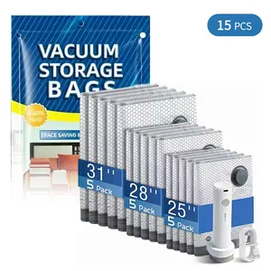 Cordless Travel Vacuum Storage Compression Bag Set – 15-Pack in 3 Sizes,Waterproof & Reusable Compression Packing Bags,USB Rechargeable Handheld Pump with Built-In Battery – Waterproof & Reusable Space Saver for Clothes & Packing