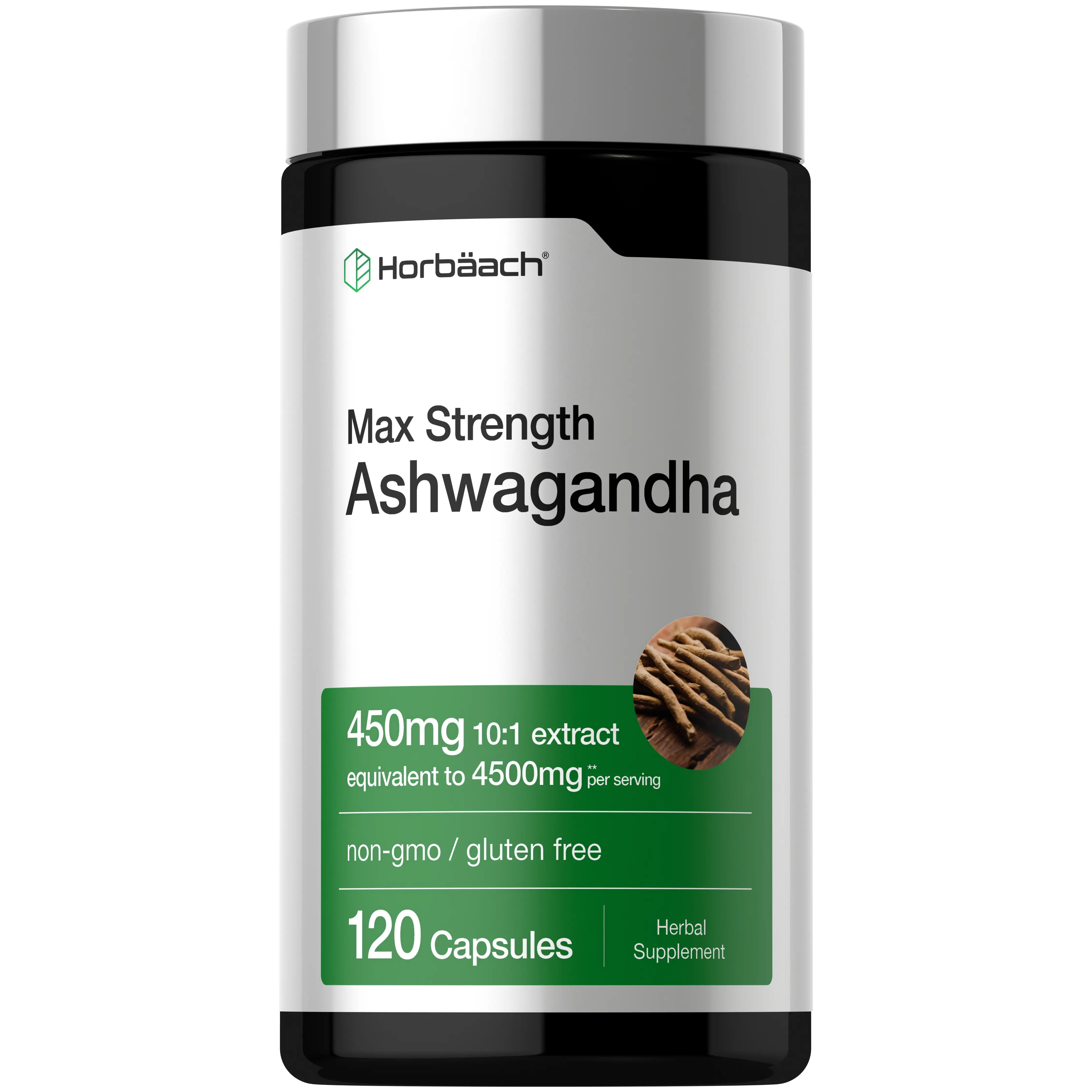 Horbäach Ashwagandha Supplement | Max Strength | 120 Capsules | Non-GMO, Gluten Free