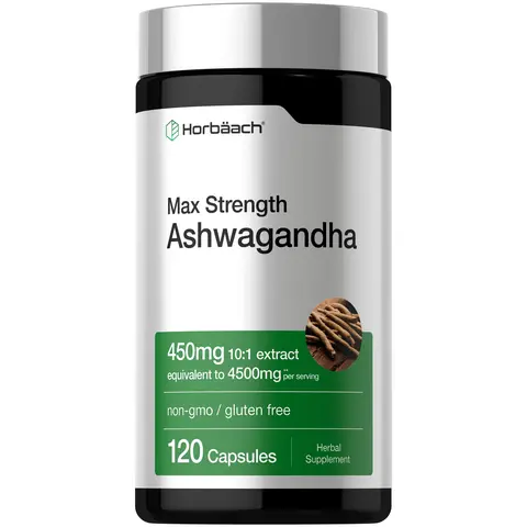 Horbäach Ashwagandha Supplement | Max Strength | 120 Capsules | Non-GMO, Gluten Free