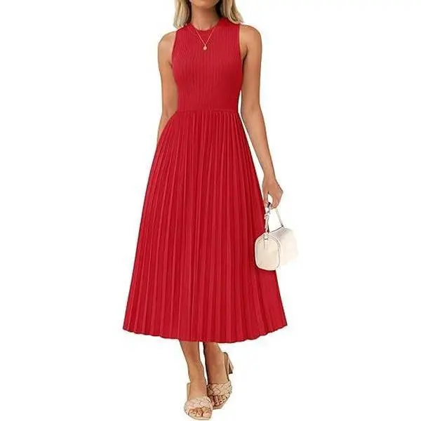 ZESICA Women's Minimalist Casual Knit Midi Dress - Sleeveless Crewneck Pleated A-Line Tank Dress, Comfy Swing Fit for Summer Outfits, Capsule Wardrobe, Dress Casual