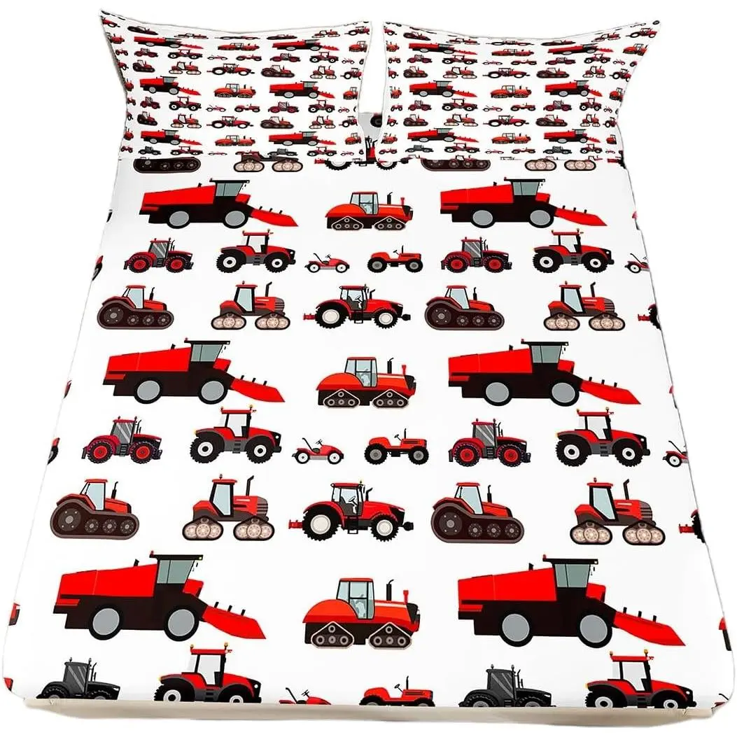 Red Tractor Bed Sheet Heavy Equipment Truck Bedding Set Harvester Tractor Fitted Sheet Construction Excavator Farm Equipment Bed Sheet