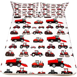 Red Tractor Bed Sheet Heavy Equipment Truck Bedding Set Harvester Tractor Fitted Sheet Construction Excavator Farm Equipment Bed Sheet