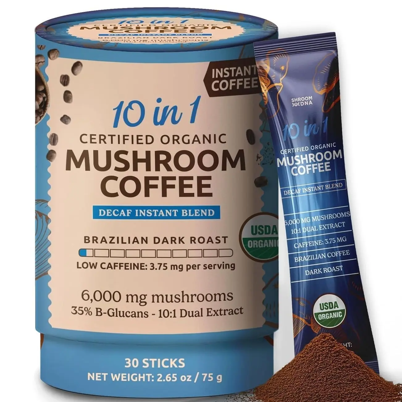 10-in-1 USDA Certified Organic Mushroom Coffee Decaf, 30 Sticks MatchaDNA | USDA Organic, Brazilian Dark Roast, Lion's Mane, Reishi, Chaga, 3.75mg Caffeine, Energy & Focus, Gut Health