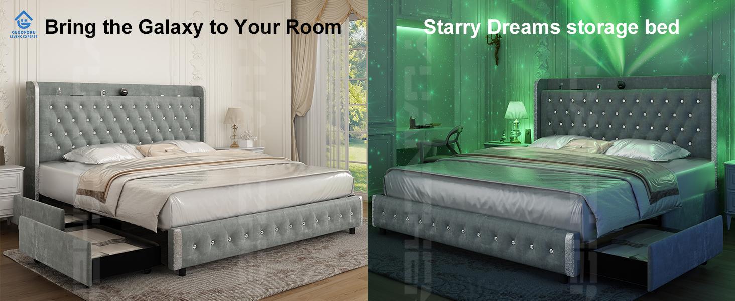 Queen LED Bed Frame with Galaxy Projector, Bluetooth Speakers, 4 Storage Drawers, PU Leather Upholstered – Smart RGB Light Bed for Gaming & Bedroom Decor | Cama LED Queen