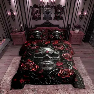 Adults Gothic Comforter Set,Bohemian Boho Goth Bedding Set,Vintage Horror Skull Bed Set,Red Rose Baroque Victorian Romantic Rose Duvet Insert,Halloween Gothic Bedroom Decor
