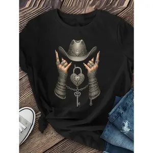 Women's Cowboy Graphic T-Shirt - Western Country Music Festival Tee - Maroon Shirt with Metallic Accents - Stretchy Casual Top for Everyday & Theme Parties - Machine Washable Round Neck Shirt