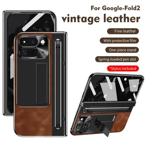 Folding Screen Luxury Retro Leather Phone Case For Google Pixel 9pro Tempered Glass Front Film Pen Slot Phone Cover